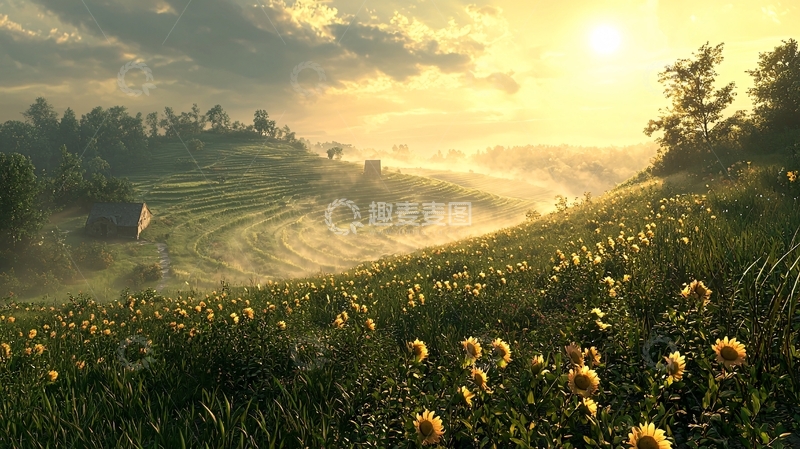 高清大图下载【趣麦麦图】日出云海梯田花海