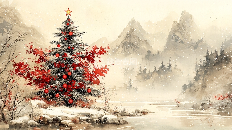 高清大图下载【趣麦麦图】雪山红叶圣诞树
