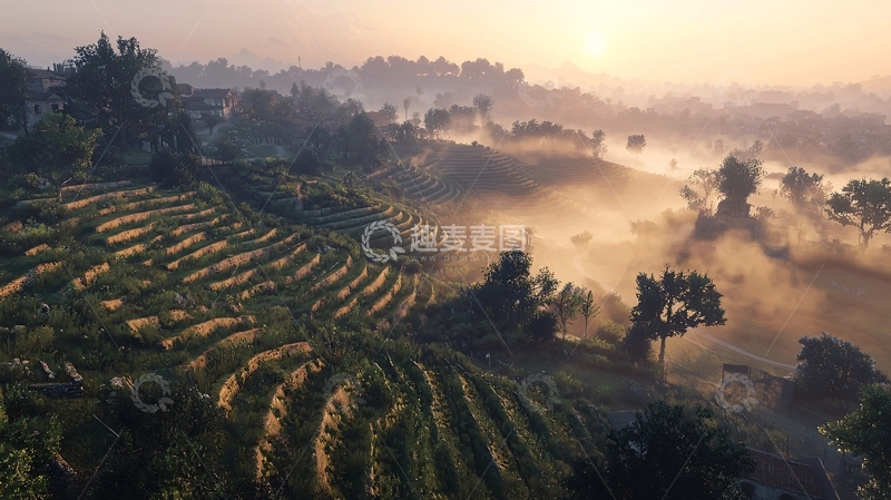 高清大图下载【趣麦麦图】日出梯田雾气朦胧