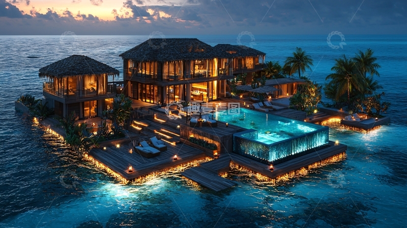 高清大图下载【趣麦麦图】海岛别墅夜景