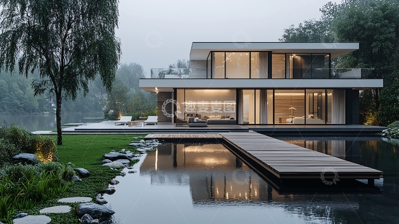 高清大图下载【趣麦麦图】现代简约湖景别墅
