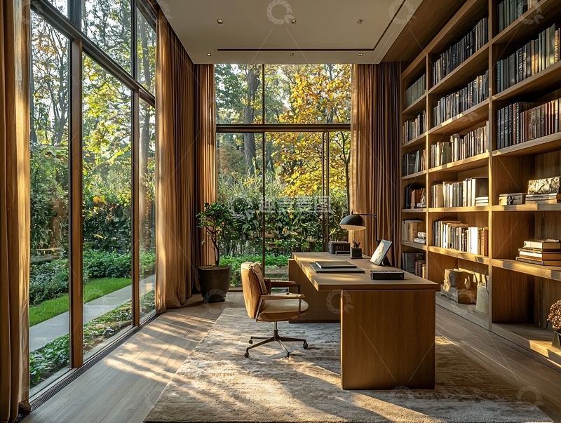 高清大图下载【趣麦麦图】阳光洒进书房的落地窗