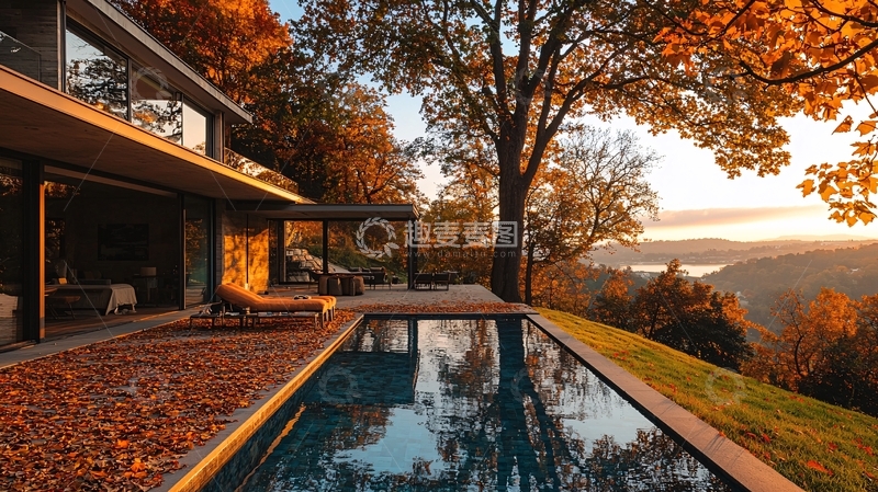 高清大图下载【趣麦麦图】秋日别墅泳池景观