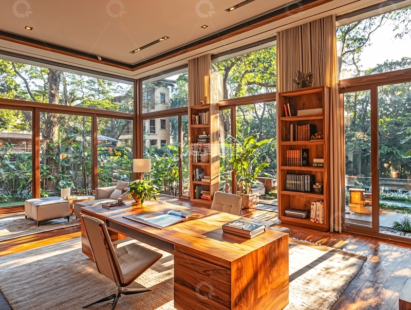 高清大图下载【趣麦麦图】阳光洒落的木质书房