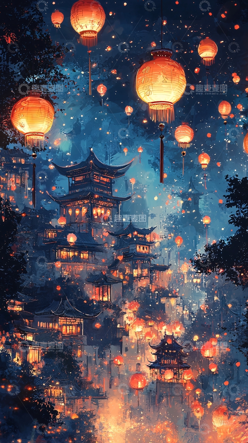 高清大图下载【趣麦麦图】梦幻古风灯笼夜景