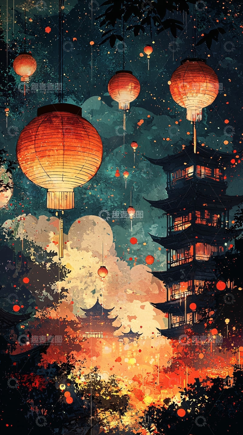 高清大图下载【趣麦麦图】夜空中飞舞的红灯笼