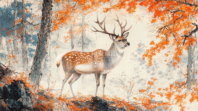高清大图下载【趣麦麦图】秋日森林里雄鹿