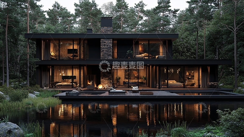 高清大图下载【趣麦麦图】森林别墅夜景