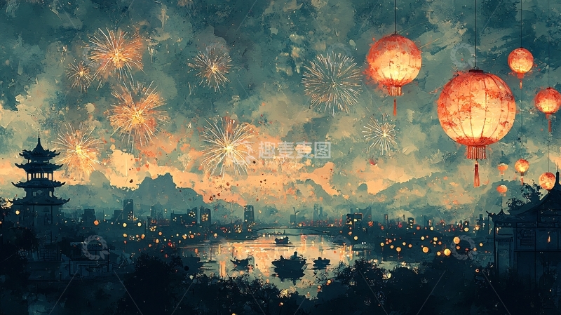 高清大图下载【趣麦麦图】烟火晚霞下的古镇夜景