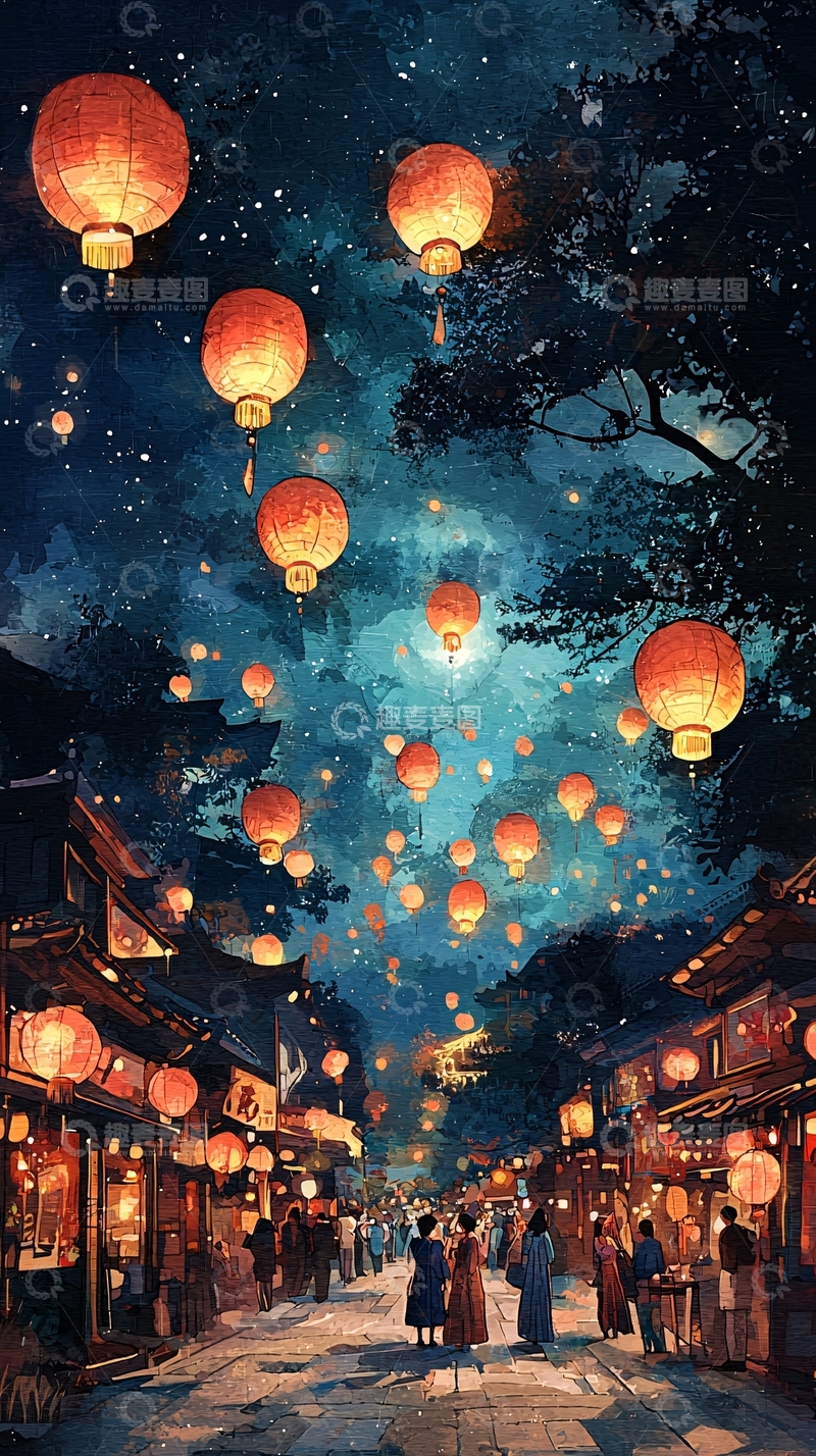 高清大图下载【趣麦麦图】夜空飞舞的红灯笼