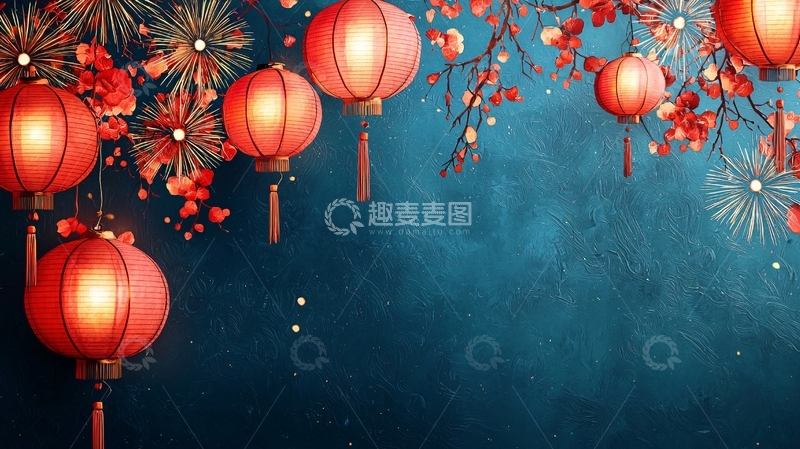 高清大图下载【趣麦麦图】红灯笼花朵新年背景