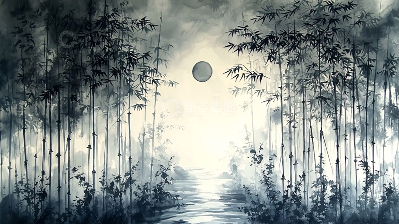 高清大图下载【趣麦麦图】水墨画竹林月夜