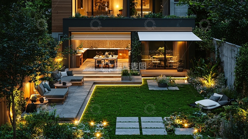高清大图下载【趣麦麦图】现代别墅夜景花园