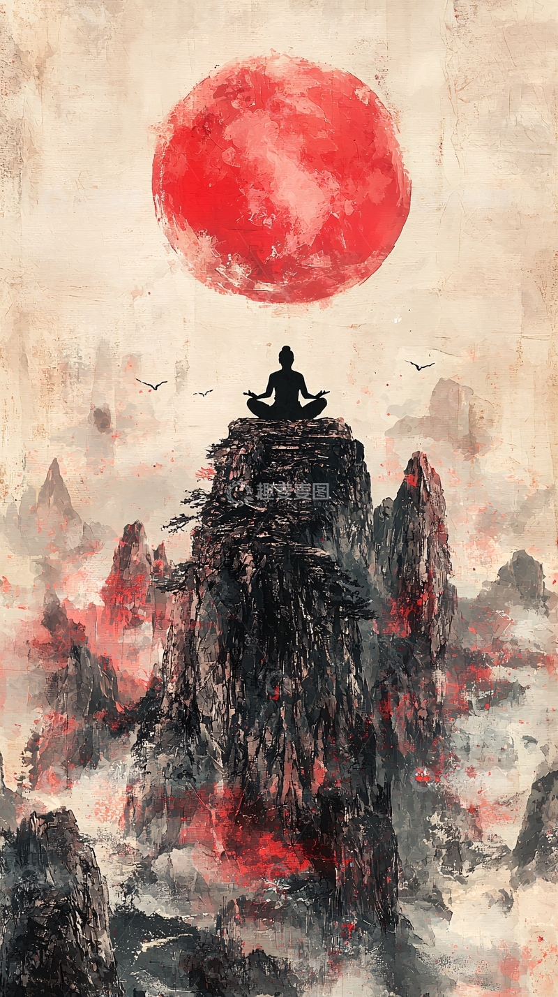 高清大图下载【趣麦麦图】禅意山峰红月
