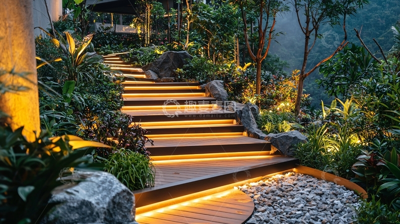 高清大图下载【趣麦麦图】夜晚花园木质台阶