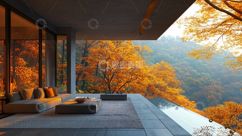 高清大图下载【趣麦麦图】秋日山景别墅阳台