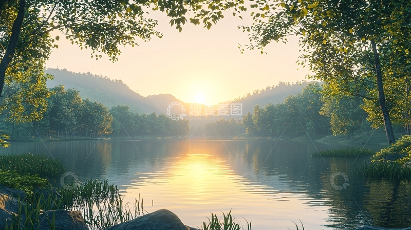高清大图下载【趣麦麦图】清晨河边树林日出