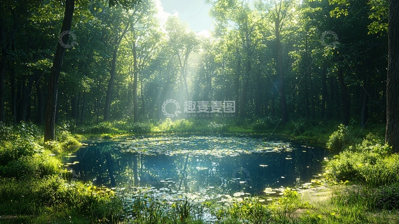 高清大图下载【趣麦麦图】阳光森林小池塘