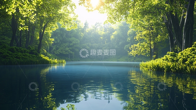 高清大图下载【趣麦麦图】阳光透过树林照射在宁静湖面