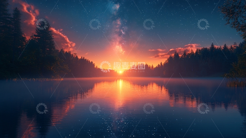 高清大图下载【趣麦麦图】日出湖面森林倒影