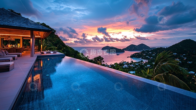 高清大图下载【趣麦麦图】山顶泳池别墅落日美景