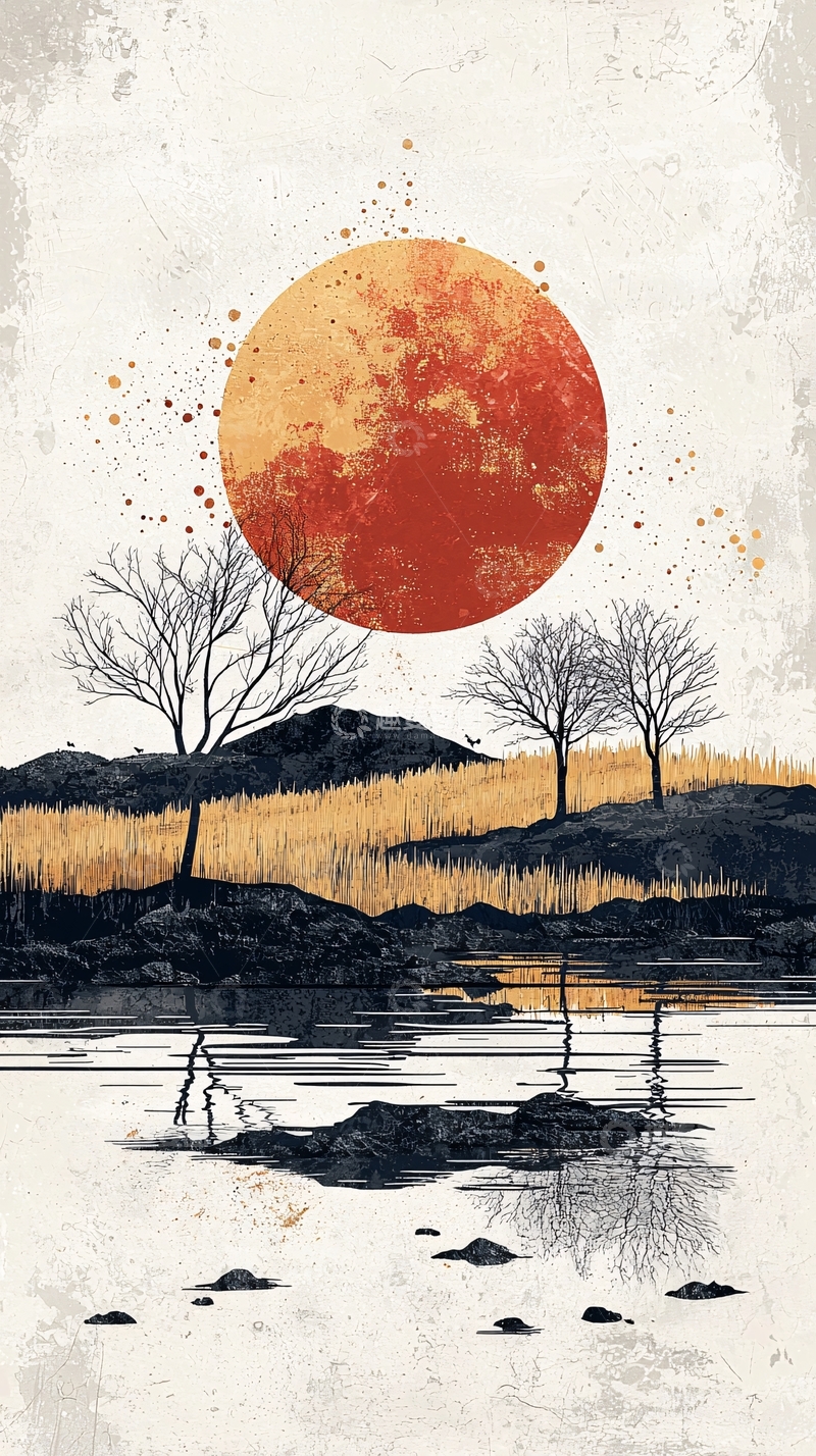 高清大图下载【趣麦麦图】极简日式落日风景画