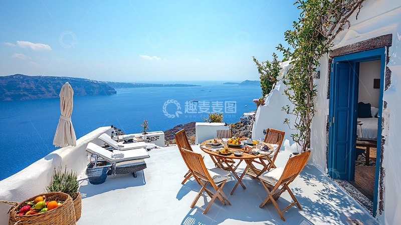 高清大图下载【趣麦麦图】圣托里尼海景阳台早餐
