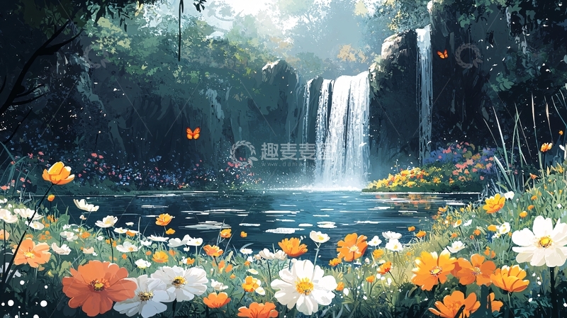 高清大图下载【趣麦麦图】梦幻瀑布花海