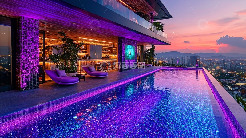 高清大图下载【趣麦麦图】夜景别墅无边泳池