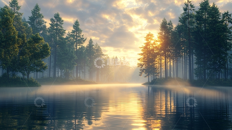 高清大图下载【趣麦麦图】清晨森林湖泊日出