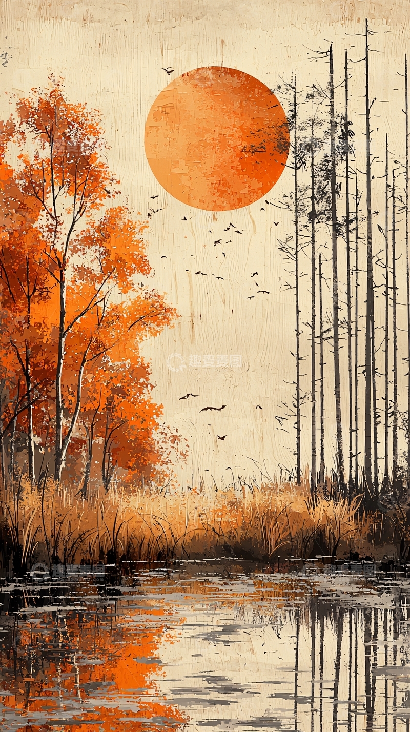 高清大图下载【趣麦麦图】秋日森林日落湖泊