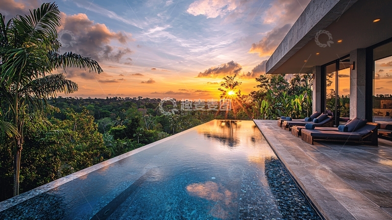 高清大图下载【趣麦麦图】日落景观无边泳池别墅