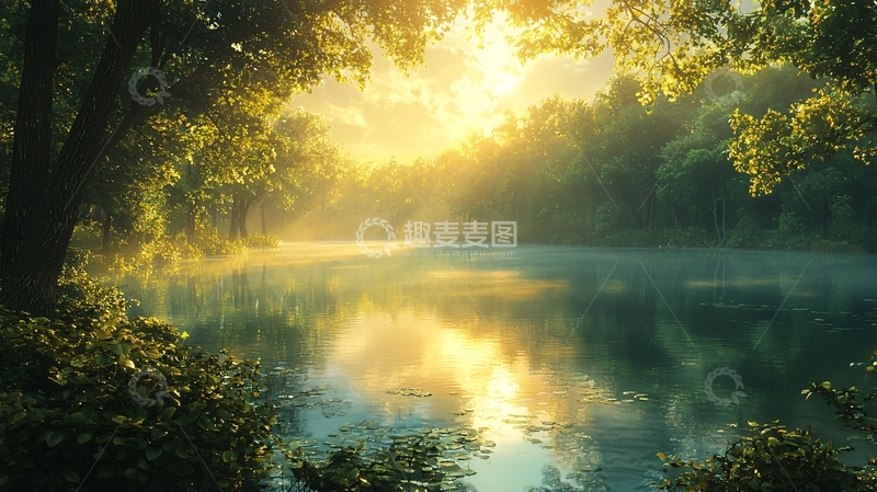 高清大图下载【趣麦麦图】清晨森林湖泊阳光