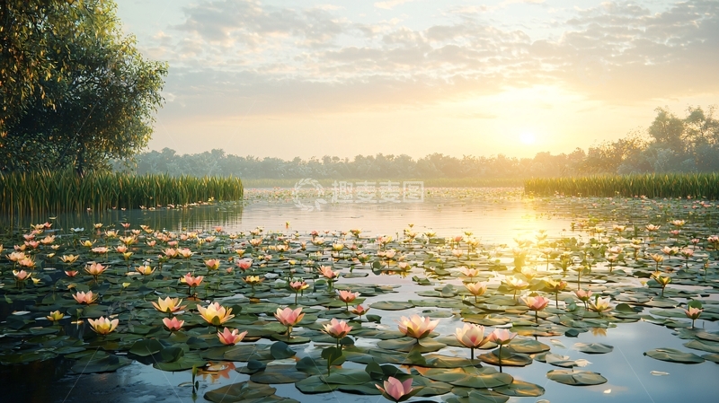 高清大图下载【趣麦麦图】清晨湖泊荷花日出