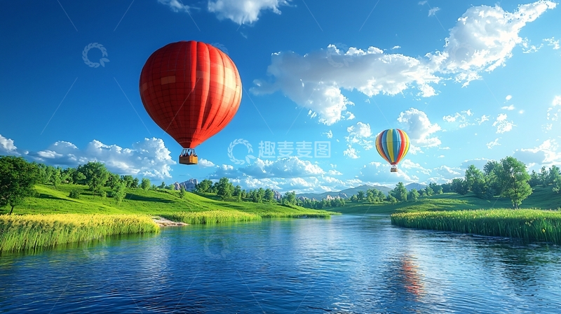 高清大图下载【趣麦麦图】热气球飞过绿地河流