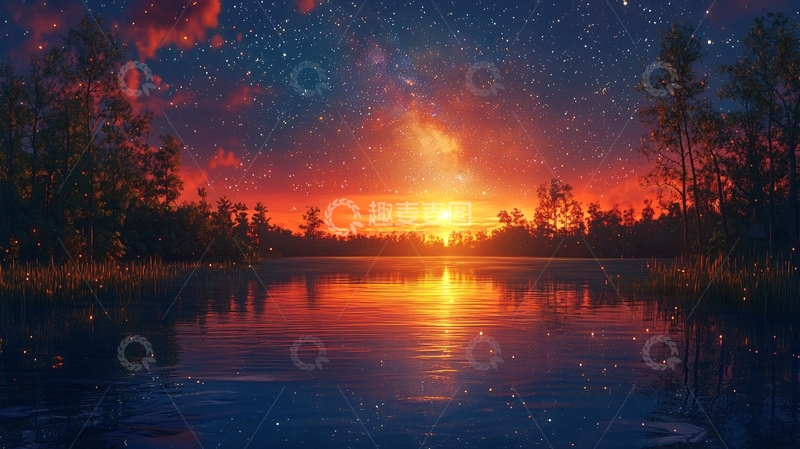 高清大图下载【趣麦麦图】星空下的湖泊日落