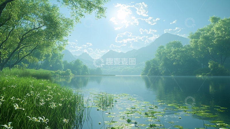 高清大图下载【趣麦麦图】阳光明媚的湖边森林