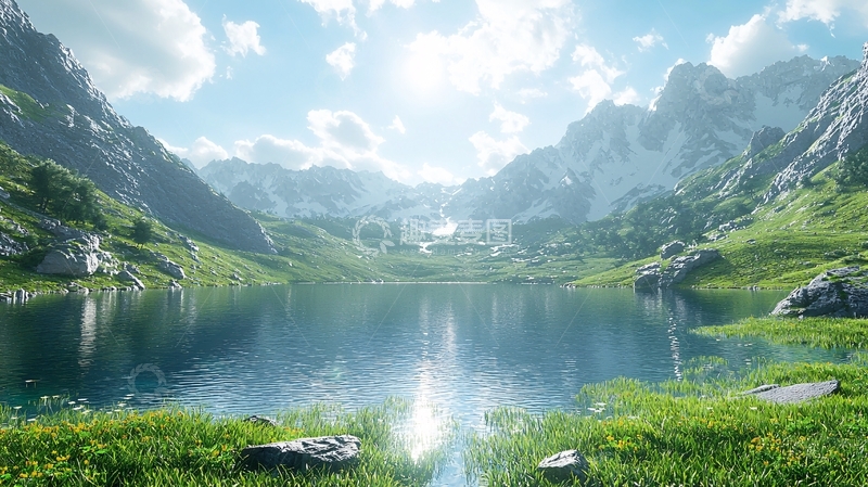 高清大图下载【趣麦麦图】阳光明媚的山谷湖泊