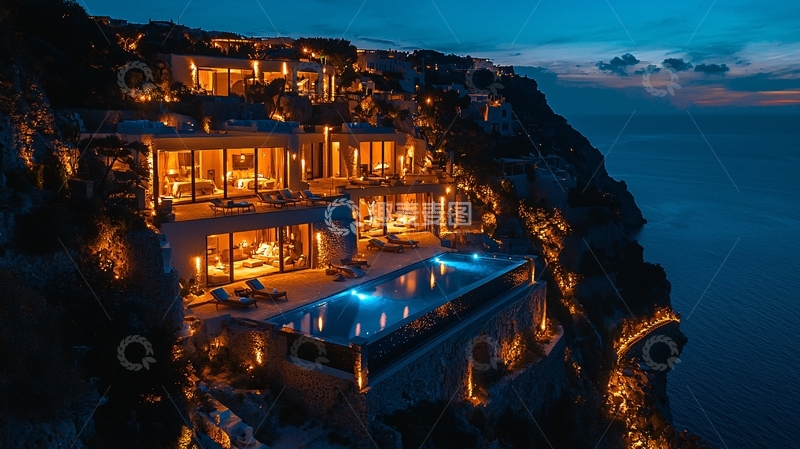 高清大图下载【趣麦麦图】悬崖海景别墅夜景