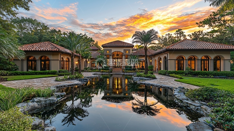 高清大图下载【趣麦麦图】夕阳西下豪宅倒影