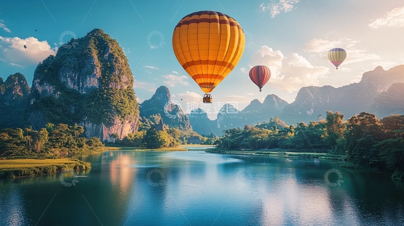 高清大图下载【趣麦麦图】热气球飞跃喀斯特山水