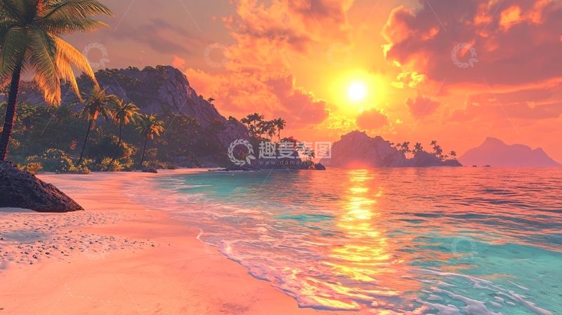 高清大图下载【趣麦麦图】热带海滩落日余晖
