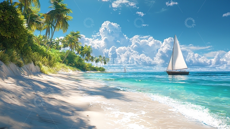 高清大图下载【趣麦麦图】热带海滩游艇风景