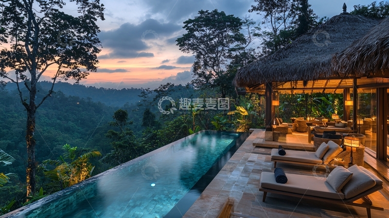 高清大图下载【趣麦麦图】巴厘岛泳池别墅落日