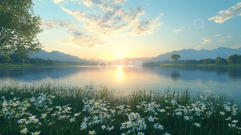 高清大图下载【趣麦麦图】清晨湖边日出美景