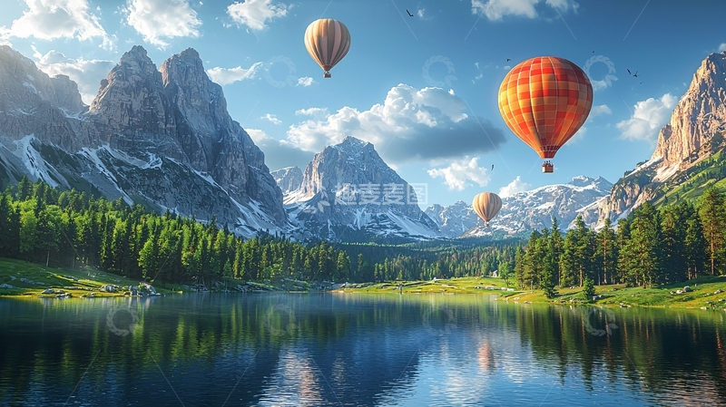 高清大图下载【趣麦麦图】热气球飞跃雪山湖泊
