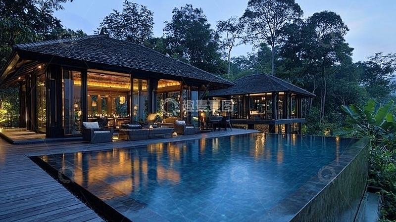 高清大图下载【趣麦麦图】夜晚泳池别墅