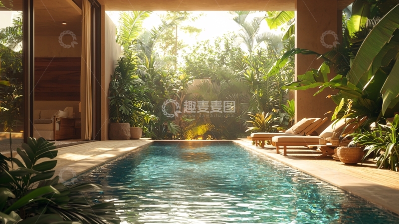 高清大图下载【趣麦麦图】阳光洒在泳池边的别墅