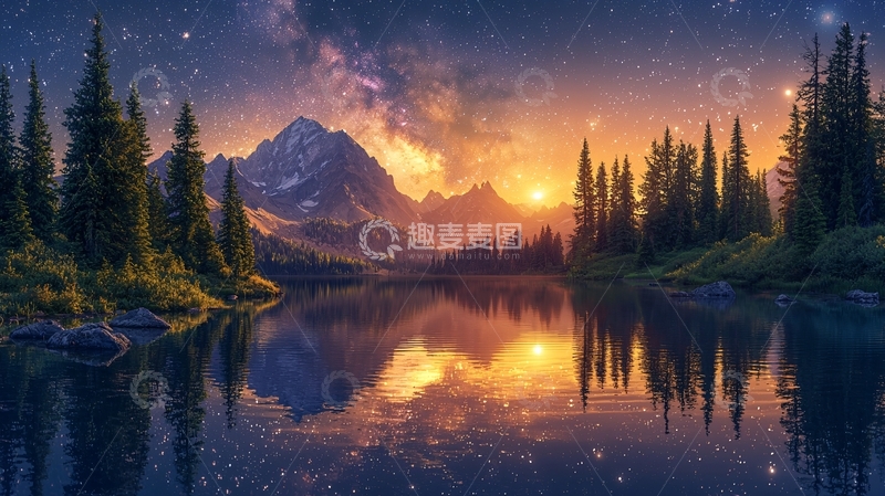 高清大图下载【趣麦麦图】星空下的山峰湖泊