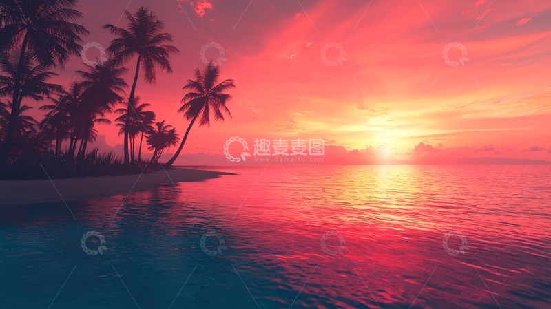 高清大图下载【趣麦麦图】热带海滩日落剪影